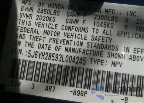 2003 Honda Element Ex z USA, uszkodzony, nr VIN 5J6YH28593L004245
